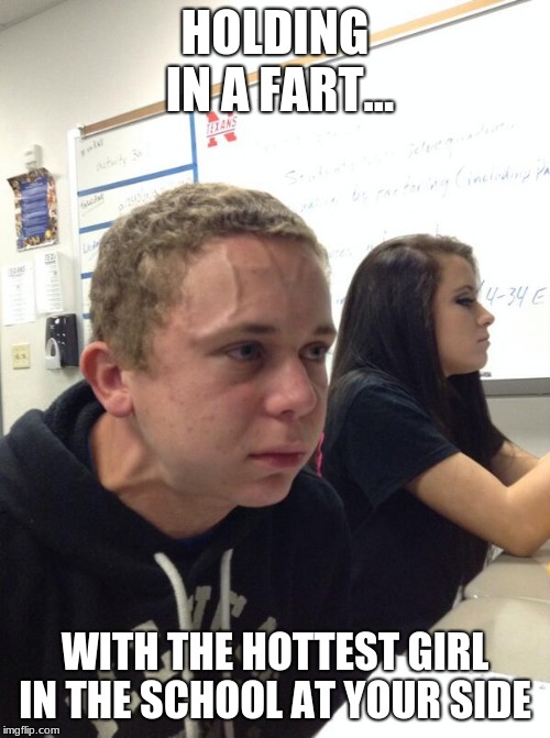 Hold fart | HOLDING IN A FART... WITH THE HOTTEST GIRL IN THE SCHOOL AT YOUR SIDE | image tagged in hold fart | made w/ Imgflip meme maker