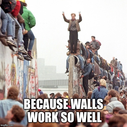 Berlin Wall Fallen | BECAUSE WALLS WORK SO WELL | image tagged in berlin wall fallen | made w/ Imgflip meme maker