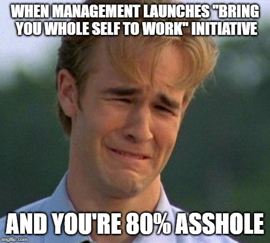 1990s First World Problems Meme | WHEN MANAGEMENT LAUNCHES "BRING YOU WHOLE SELF TO WORK" INITIATIVE; AND YOU'RE 80% ASSHOLE | image tagged in memes,1990s first world problems | made w/ Imgflip meme maker