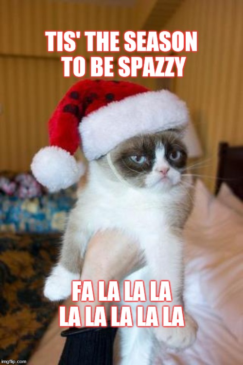 Grumpy Cat Christmas | TIS' THE SEASON TO BE SPAZZY; FA LA LA LA LA LA LA LA LA | image tagged in memes,grumpy cat christmas,grumpy cat | made w/ Imgflip meme maker