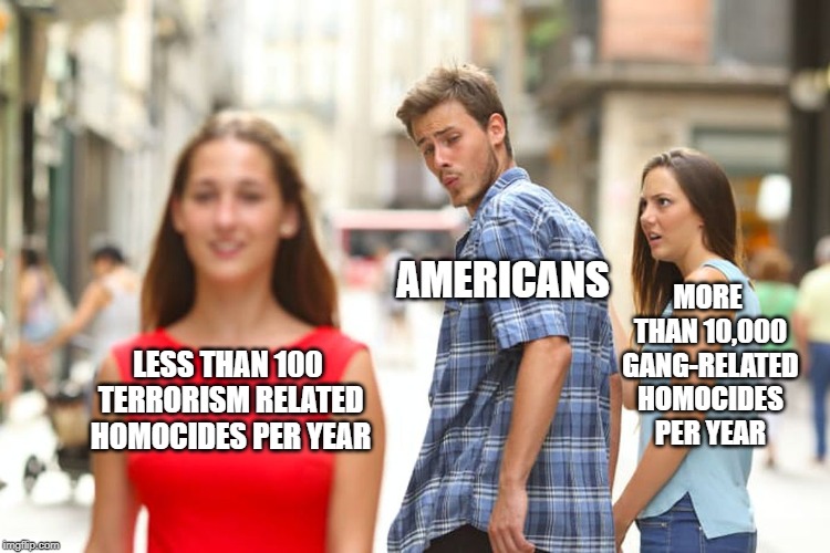 Distracted Boyfriend | MORE THAN 10,000 GANG-RELATED HOMOCIDES PER YEAR; AMERICANS; LESS THAN 100 TERRORISM RELATED HOMOCIDES PER YEAR | image tagged in memes,distracted boyfriend,gangs,terrorism,murder,crime | made w/ Imgflip meme maker