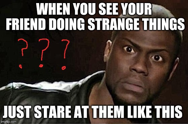 Kevin Hart | WHEN YOU SEE YOUR FRIEND DOING STRANGE THINGS; JUST STARE AT THEM LIKE THIS | image tagged in memes,kevin hart | made w/ Imgflip meme maker