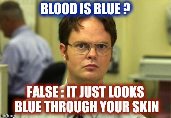Dwight Schrute Meme | BLOOD IS BLUE ? FALSE : IT JUST LOOKS BLUE THROUGH YOUR SKIN | image tagged in memes,dwight schrute | made w/ Imgflip meme maker