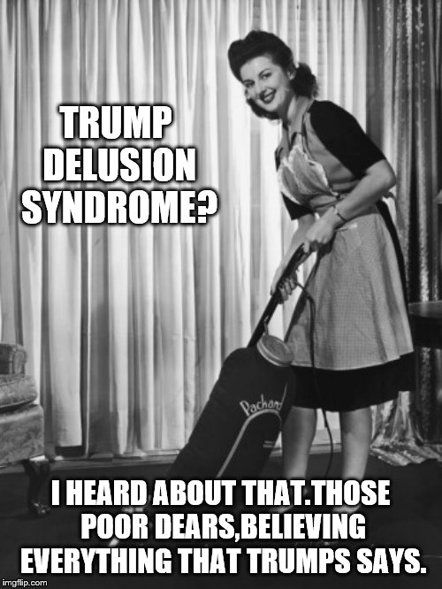 50's Housework | TRUMP DELUSION SYNDROME? I HEARD ABOUT THAT.THOSE POOR DEARS,BELIEVING EVERYTHING THAT TRUMPS SAYS. | image tagged in 50's housework | made w/ Imgflip meme maker