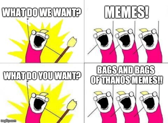 What Do We Want Meme | WHAT DO WE WANT? MEMES! WHAT DO YOU WANT? BAGS AND BAGS OF THANOS MEMES!! | image tagged in memes,what do we want | made w/ Imgflip meme maker