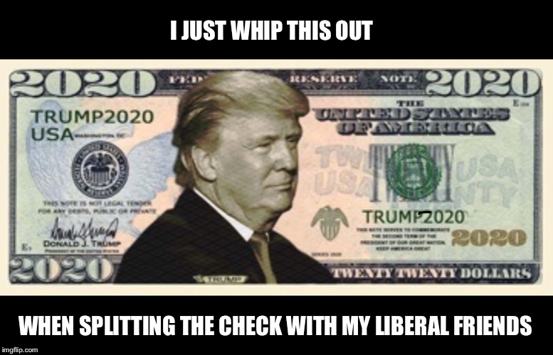 Humor is currency! | I JUST WHIP THIS OUT; WHEN SPLITTING THE CHECK WITH MY LIBERAL FRIENDS | image tagged in trump twenty,money,dollar | made w/ Imgflip meme maker