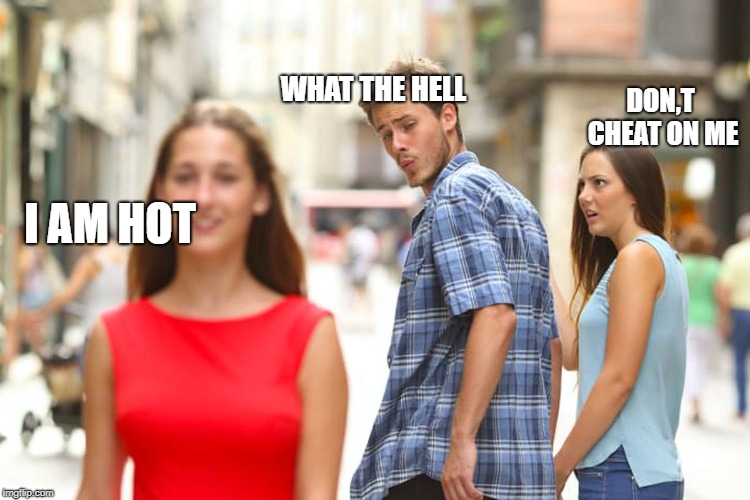 Distracted Boyfriend Meme | WHAT THE HELL; DON,T CHEAT ON ME; I AM HOT | image tagged in memes,distracted boyfriend | made w/ Imgflip meme maker