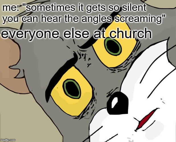 Unsettled Tom Meme | me: "sometimes it gets so silent you can hear the angles screaming"; everyone else at church | image tagged in memes,unsettled tom | made w/ Imgflip meme maker