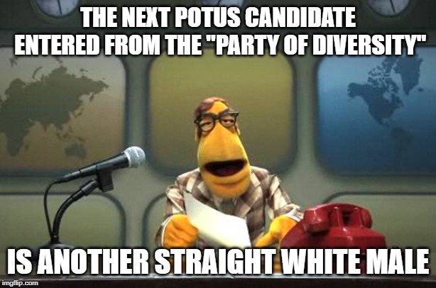 I know that there are others, but I just found this new one funny. He looks sane, at least...? | THE NEXT POTUS CANDIDATE ENTERED FROM THE "PARTY OF DIVERSITY"; IS ANOTHER STRAIGHT WHITE MALE | image tagged in muppet news flash,democrats,male,straight,white,election 2020 | made w/ Imgflip meme maker