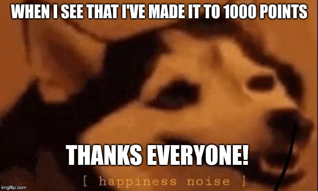 [happiness noise] | WHEN I SEE THAT I'VE MADE IT TO 1000 POINTS; THANKS EVERYONE! | image tagged in happiness noise | made w/ Imgflip meme maker