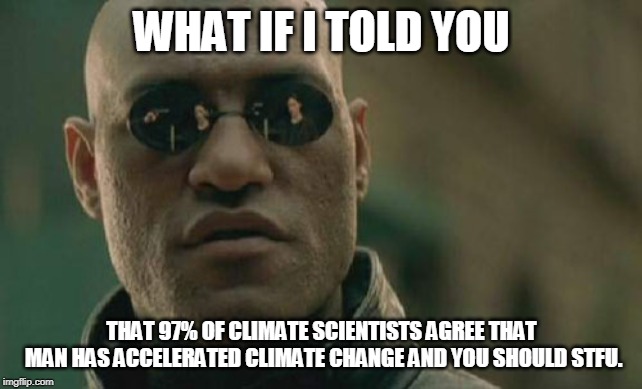 Matrix Morpheus Meme | WHAT IF I TOLD YOU THAT 97% OF CLIMATE SCIENTISTS AGREE THAT MAN HAS ACCELERATED CLIMATE CHANGE AND YOU SHOULD STFU. | image tagged in memes,matrix morpheus | made w/ Imgflip meme maker