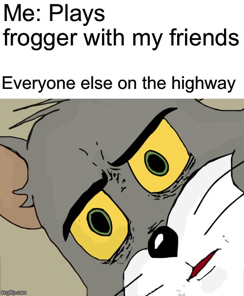 Don’t lie, everyone’s wanted to do this at one point | Me: Plays frogger with my friends; Everyone else on the highway | image tagged in memes,unsettled tom,frogger,highway | made w/ Imgflip meme maker