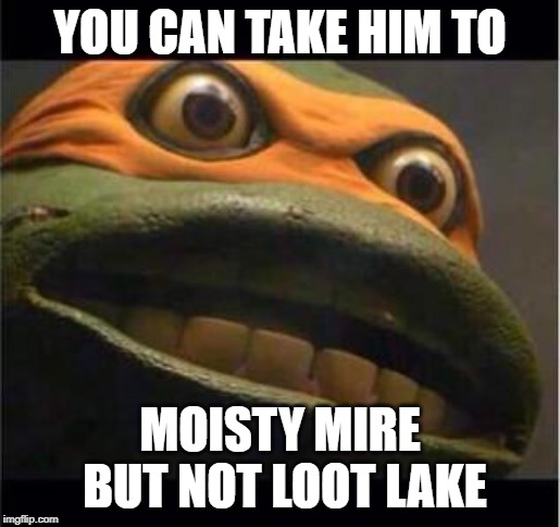 teen age mutant ninja turtle | YOU CAN TAKE HIM TO; MOISTY MIRE BUT NOT LOOT LAKE | image tagged in teen age mutant ninja turtle | made w/ Imgflip meme maker