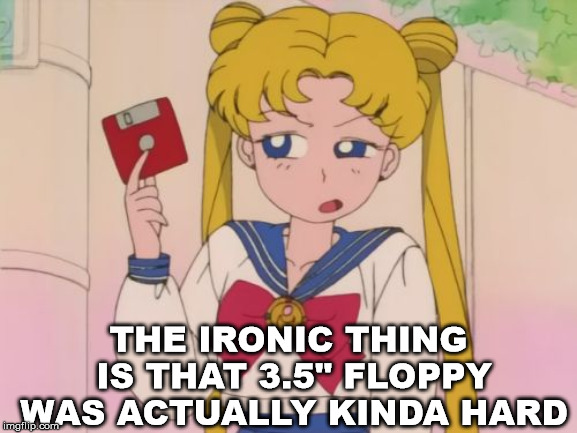 sailor moon floppy disc | THE IRONIC THING IS THAT 3.5" FLOPPY WAS ACTUALLY KINDA HARD | image tagged in sailor moon floppy disc | made w/ Imgflip meme maker