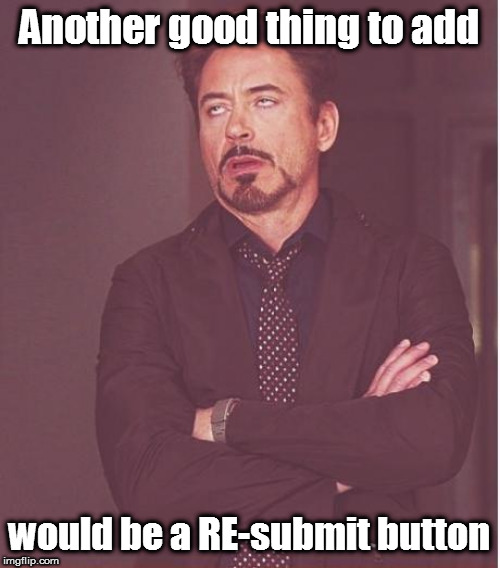 Face You Make Robert Downey Jr Meme | Another good thing to add would be a RE-submit button | image tagged in memes,face you make robert downey jr | made w/ Imgflip meme maker