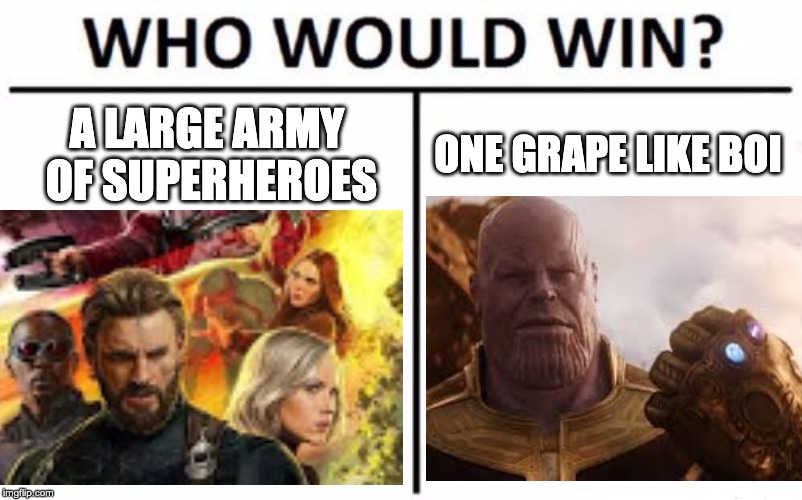 A LARGE ARMY OF SUPERHEROES; ONE GRAPE LIKE BOI | image tagged in infinity war | made w/ Imgflip meme maker