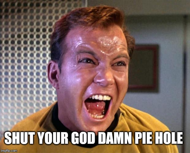 Captain Kirk Screaming | SHUT YOUR GO***AMN PIE HOLE | image tagged in captain kirk screaming | made w/ Imgflip meme maker