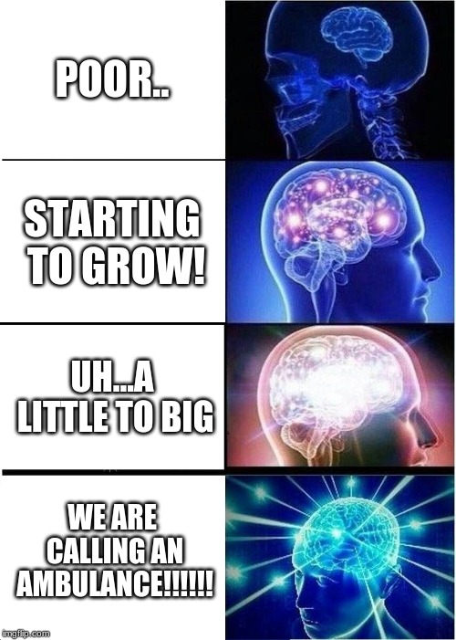 Expanding Brain | POOR.. STARTING TO GROW! UH...A LITTLE TO BIG; WE ARE CALLING AN AMBULANCE!!!!!! | image tagged in memes,expanding brain | made w/ Imgflip meme maker