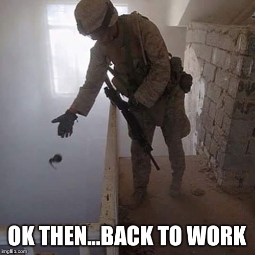Grenade Drop | OK THEN...BACK TO WORK | image tagged in grenade drop | made w/ Imgflip meme maker