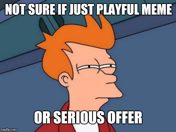Futurama Fry Meme | NOT SURE IF JUST PLAYFUL MEME OR SERIOUS OFFER | image tagged in memes,futurama fry | made w/ Imgflip meme maker