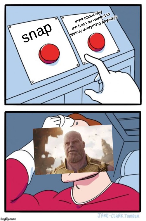 Two Buttons Meme | think about why the hec you wanted to destroy everything anyways; snap | image tagged in memes,two buttons | made w/ Imgflip meme maker