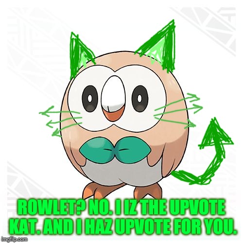 Rowlet | ROWLET? NO. I IZ THE UPVOTE KAT. AND I HAZ UPVOTE FOR YOU. | image tagged in rowlet | made w/ Imgflip meme maker