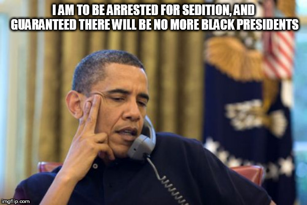 No I Can't Obama | I AM TO BE ARRESTED FOR SEDITION, AND GUARANTEED THERE WILL BE NO MORE BLACK PRESIDENTS | image tagged in memes,no i cant obama | made w/ Imgflip meme maker