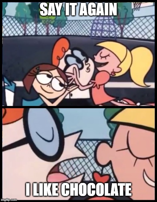 Who doesnt? | SAY IT AGAIN; I LIKE CHOCOLATE | image tagged in memes,say it again dexter,chocolate,who doesn't | made w/ Imgflip meme maker