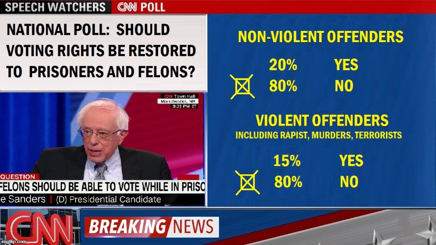 Bernie Gets Berned... by most Americans | NATIONAL POLL:  SHOULD VOTING RIGHTS BE RESTORED TO PRISONERS AND FELONS? NON-VIOLENT OFFENDERS    VIOLENT OFFENDERS INCLUDING | image tagged in vince vance,felons right to vote,bernie sanders,pete buttigieg,criminals voting rights,breaking news | made w/ Imgflip meme maker