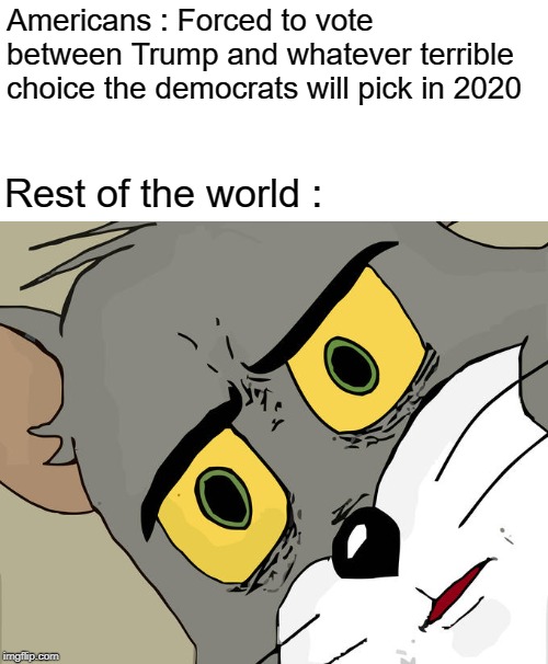 Unsettled Tom Meme | Americans : Forced to vote between Trump and whatever terrible choice the democrats will pick in 2020 Rest of the world : | image tagged in memes,unsettled tom | made w/ Imgflip meme maker