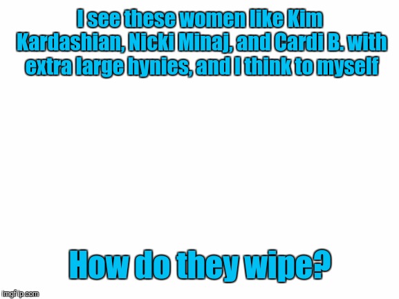 Blank White Template | I see these women like Kim Kardashian, Nicki Minaj, and Cardi B. with extra large hynies, and I think to myself; How do they wipe? | image tagged in blank white template,memes | made w/ Imgflip meme maker