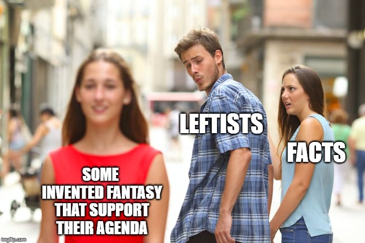 Distracted Boyfriend Meme | SOME INVENTED FANTASY THAT SUPPORT THEIR AGENDA LEFTISTS FACTS | image tagged in memes,distracted boyfriend | made w/ Imgflip meme maker