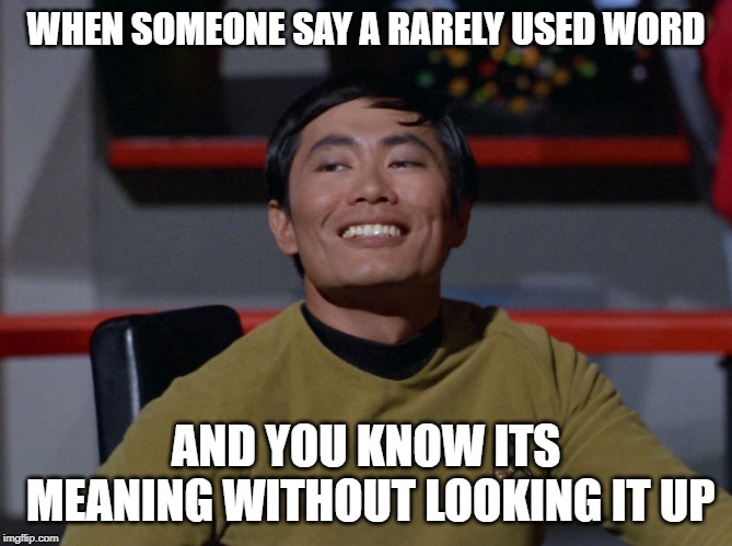 Sulu smug | WHEN SOMEONE SAY A RARELY USED WORD AND YOU KNOW ITS MEANING WITHOUT LOOKING IT UP | image tagged in sulu smug | made w/ Imgflip meme maker