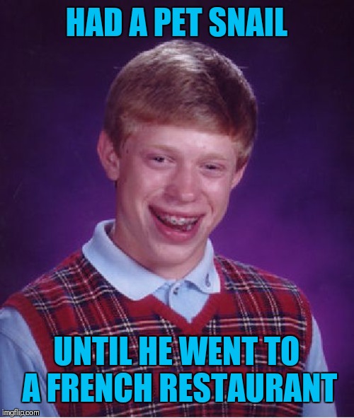 Repost Your Own Memes Week, April 16th until... (A Socrates and Craziness_all_the_way event) | HAD A PET SNAIL; UNTIL HE WENT TO A FRENCH RESTAURANT | image tagged in memes,bad luck brian,repost your own memes week,food,snail,44colt | made w/ Imgflip meme maker