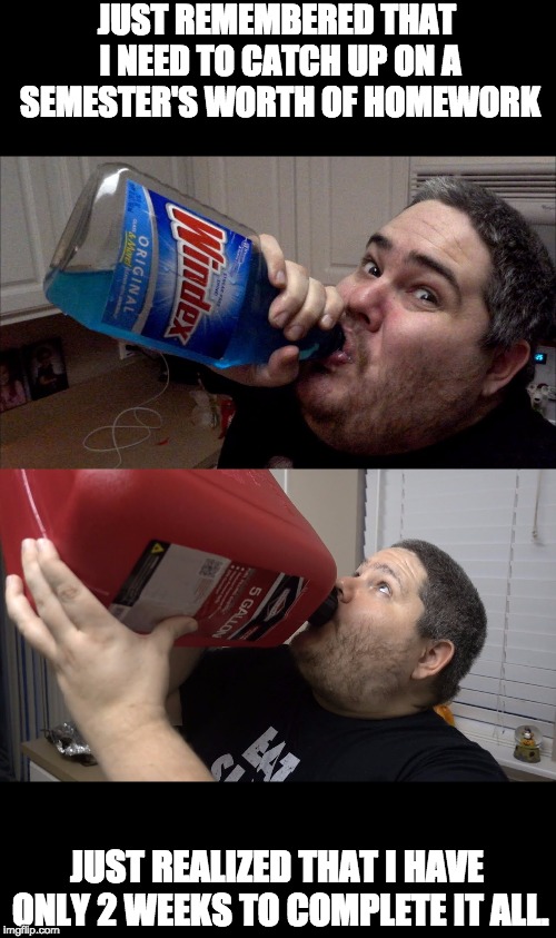 JUST REMEMBERED THAT I NEED TO CATCH UP ON A SEMESTER'S WORTH OF HOMEWORK; JUST REALIZED THAT I HAVE ONLY 2 WEEKS TO COMPLETE IT ALL. | image tagged in drinking windex,please kill me now | made w/ Imgflip meme maker
