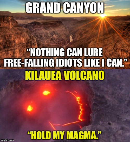 An idiot just fell into a volcano | GRAND CANYON; “NOTHING CAN LURE FREE-FALLING IDIOTS LIKE I CAN.”; KILAUEA VOLCANO; “HOLD MY MAGMA.” | image tagged in the grand canyon,kilauea volcano,memes,stupid people,fall,idiot | made w/ Imgflip meme maker