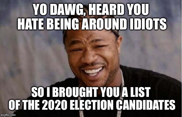 Yo Dawg Heard You | YO DAWG, HEARD YOU HATE BEING AROUND IDIOTS; SO I BROUGHT YOU A LIST OF THE 2020 ELECTION CANDIDATES | image tagged in memes,yo dawg heard you | made w/ Imgflip meme maker