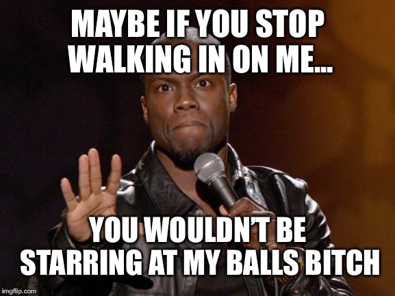 kevin hart | MAYBE IF YOU STOP WALKING IN ON ME... YOU WOULDN’T BE STARRING AT MY BALLS B**CH | image tagged in kevin hart | made w/ Imgflip meme maker
