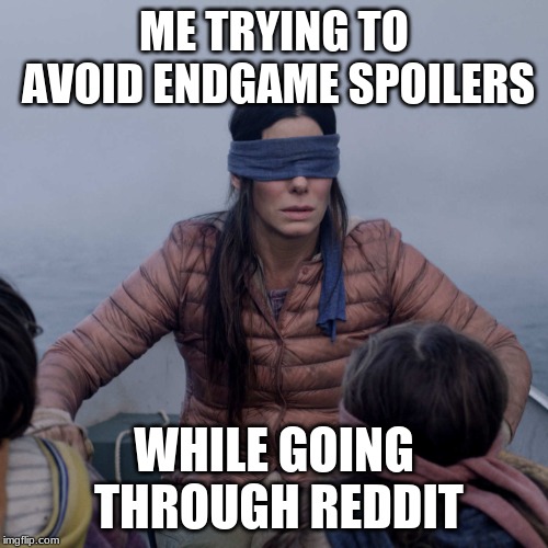 Bird Box | ME TRYING TO AVOID ENDGAME SPOILERS; WHILE GOING THROUGH REDDIT | image tagged in memes,bird box | made w/ Imgflip meme maker