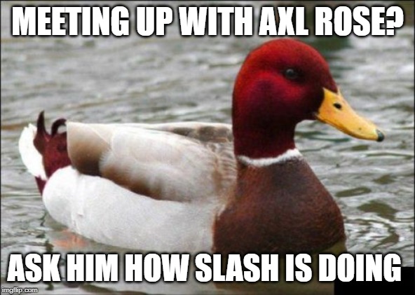 Malicious Advice Mallard | MEETING UP WITH AXL ROSE? ASK HIM HOW SLASH IS DOING | image tagged in memes,malicious advice mallard | made w/ Imgflip meme maker