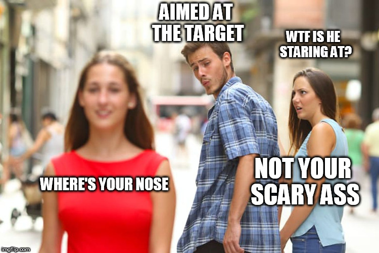 Distracted Boyfriend Meme | WHERE'S YOUR NOSE AIMED AT THE TARGET WTF IS HE  STARING AT? NOT YOUR SCARY ASS | image tagged in memes,distracted boyfriend | made w/ Imgflip meme maker