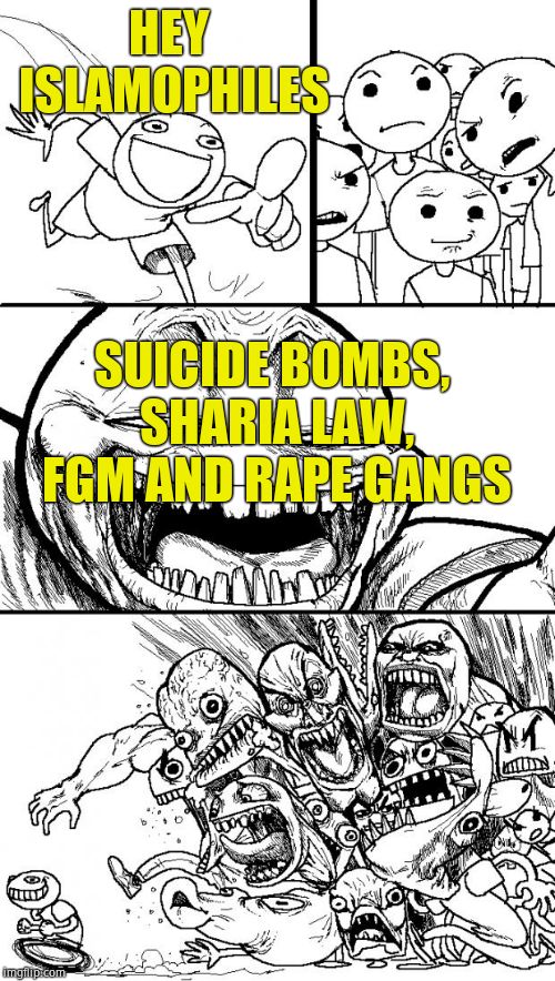 Hey Internet Meme | HEY ISLAMOPHILES SUICIDE BOMBS, SHARIA LAW, FGM AND **PE GANGS | image tagged in memes,hey internet | made w/ Imgflip meme maker