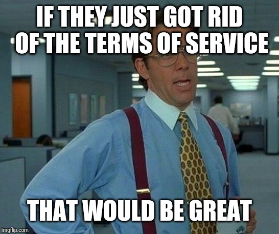 IF THEY JUST GOT RID OF THE TERMS OF SERVICE THAT WOULD BE GREAT | image tagged in memes,that would be great,terms of service,true | made w/ Imgflip meme maker