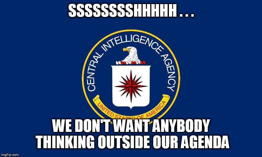Central Intelligence Agency CIA | SSSSSSSSHHHHH . . . WE DON'T WANT ANYBODY THINKING OUTSIDE OUR AGENDA | image tagged in central intelligence agency cia | made w/ Imgflip meme maker