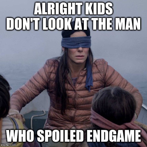 Bird Box | ALRIGHT KIDS DON'T LOOK AT THE MAN; WHO SPOILED ENDGAME | image tagged in memes,bird box | made w/ Imgflip meme maker