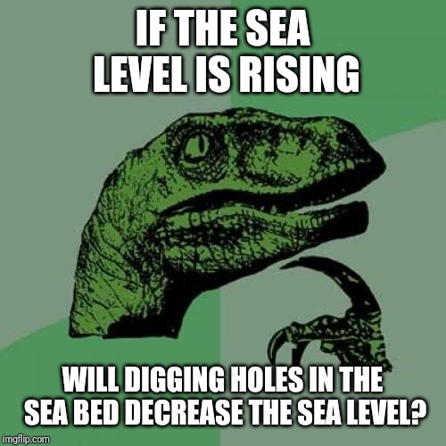 Philosoraptor | IF THE SEA LEVEL IS RISING; WILL DIGGING HOLES IN THE SEA BED DECREASE THE SEA LEVEL? | image tagged in memes,philosoraptor,sea,global warming | made w/ Imgflip meme maker