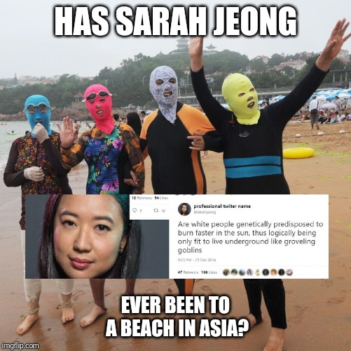 Sarah Jeong | HAS SARAH JEONG; EVER BEEN TO A BEACH IN ASIA? | image tagged in sarah jeong,racist | made w/ Imgflip meme maker