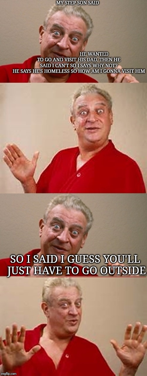 Bad Pun Rodney Dangerfield | MY STEP SON SAID      




























































            





























                                                   
  








      







                                                                    













          








       HE WANTED TO GO AND VISIT HIS DAD. THEN HE SAID I CAN'T SO I SAYS WHY NOT? HE SAYS HE'S HOMELESS SO HOW AM I GONNA VISIT HIM; SO I SAID I GUESS YOU'LL JUST HAVE TO GO OUTSIDE | image tagged in bad pun rodney dangerfield | made w/ Imgflip meme maker