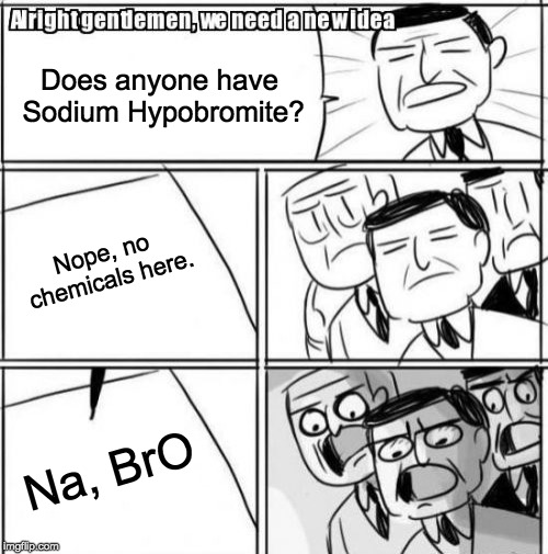 Alright Gentlemen We Need A New Idea | Does anyone have Sodium Hypobromite? Nope, no chemicals here. Na, BrO | image tagged in memes,alright gentlemen we need a new idea | made w/ Imgflip meme maker