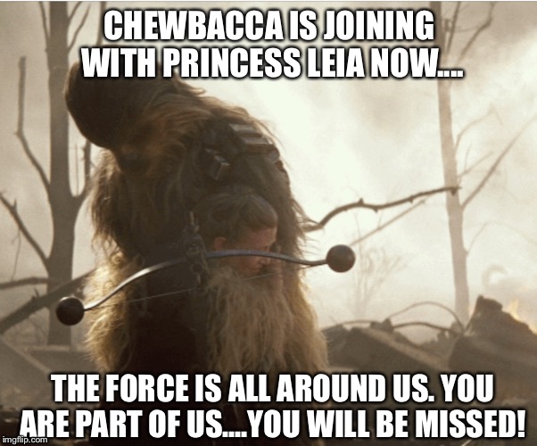 Chewbacca | CHEWBACCA IS JOINING WITH PRINCESS LEIA NOW.... THE FORCE IS ALL AROUND US. YOU ARE PART OF US....YOU WILL BE MISSED! | image tagged in chewbacca,princess leia,the force,death | made w/ Imgflip meme maker